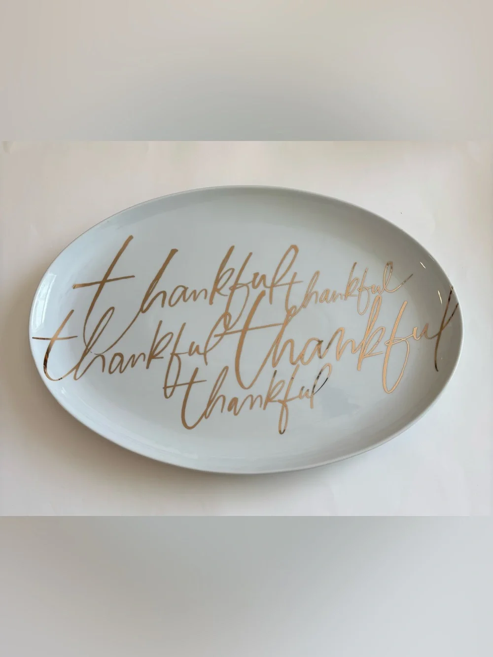 Crate and Barrel Oval Thankful Platter White and Gold 17.75”